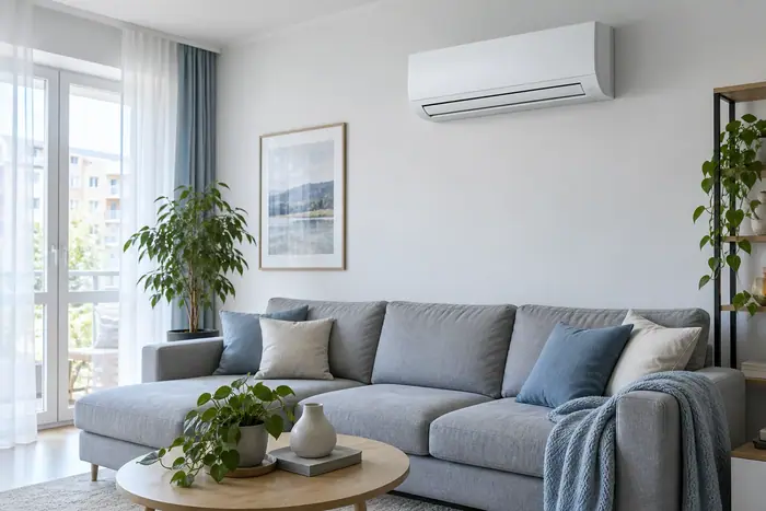 Aer conditionat in locuinta: split mural alb intr-un living luminos cu canapea gri