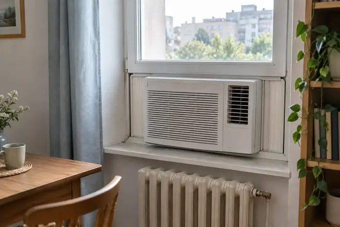 Aer conditionat in locuinta: aparat de fereastra montat intr-o bucatarie