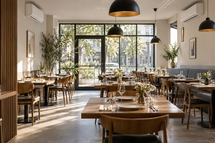 Aer conditionat in locuinta: splituri murale intr-un restaurant cu mese aranjate