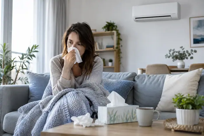 Aer conditionat in locuinta: femeie racita cu servetel, sub un aparat de aer conditionat