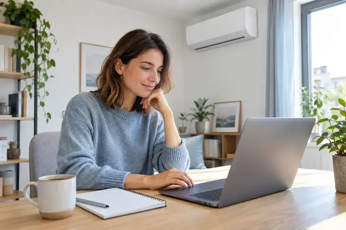 Lucrare la domiciliu: femeie la laptop cautand informatii, split pe perete
