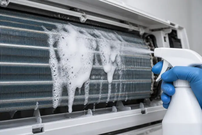 Igienizare aer conditionat: evaporator cu spuma de curatare si pulverizator