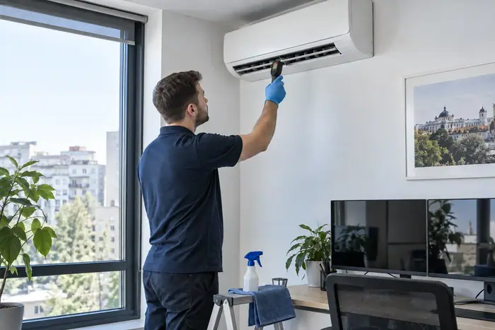Igienizare aer conditionat: tehnician spala masca splitului cu pulverizator in fundal