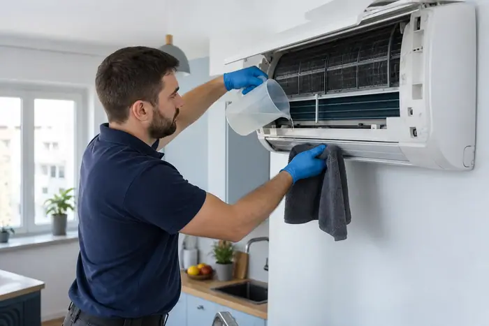 Igienizare aer conditionat: tehnician aplica solutie si sterge cu laveta