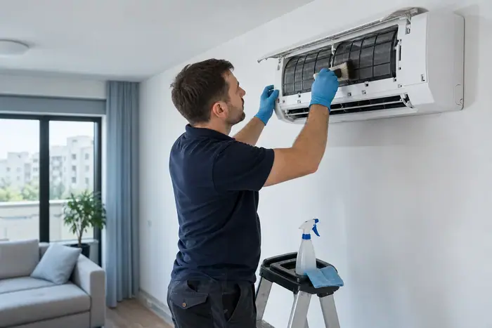Igienizare aer conditionat: tehnician inspecteaza splitul, pulverizator pe scara