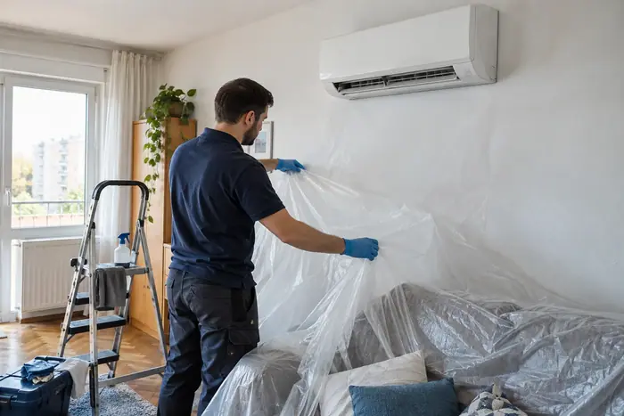 Lucrare la domiciliu: tehnician intinde folie de protectie peste canapea