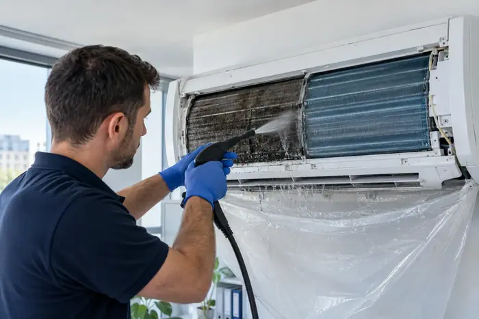 Curatare sub husa: spalare evaporator in husa neagra, prim-plan