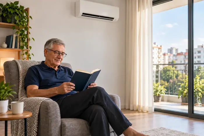 Aer conditionat in locuinta: barbat in varsta citind in fotoliu, split pe perete
