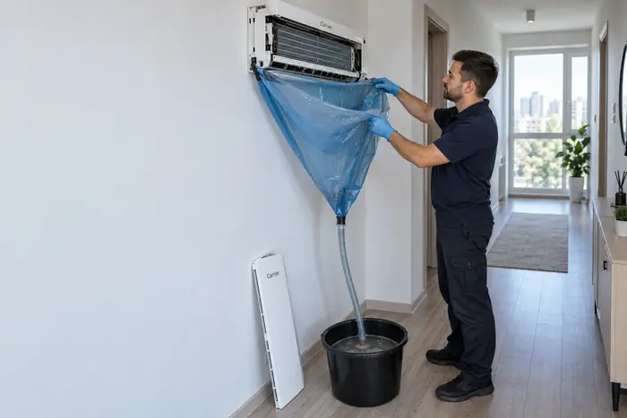 Curatare sub husa: tehnician cu husa albastra pe hol