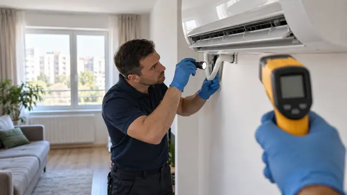 Revizie aparat: tehnician masoara temperatura aerului cu termometru infrarosu