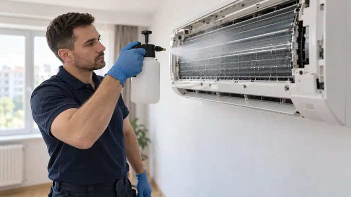 Igienizare aer conditionat: tehnician pulverizeaza solutie pe evaporator