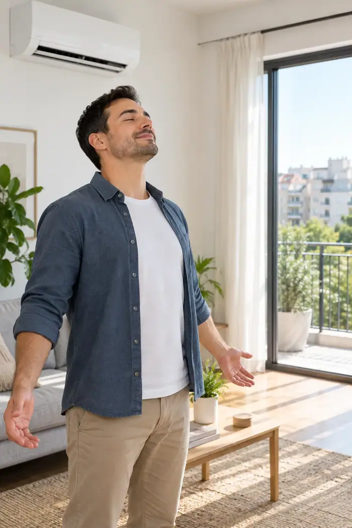 Igienizare aer conditionat: barbat zambind sub split, simte aerul