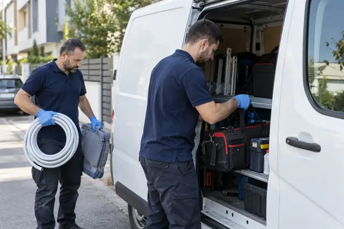 Lucrare la domiciliu: doi tehnicieni descarca echipament din duba