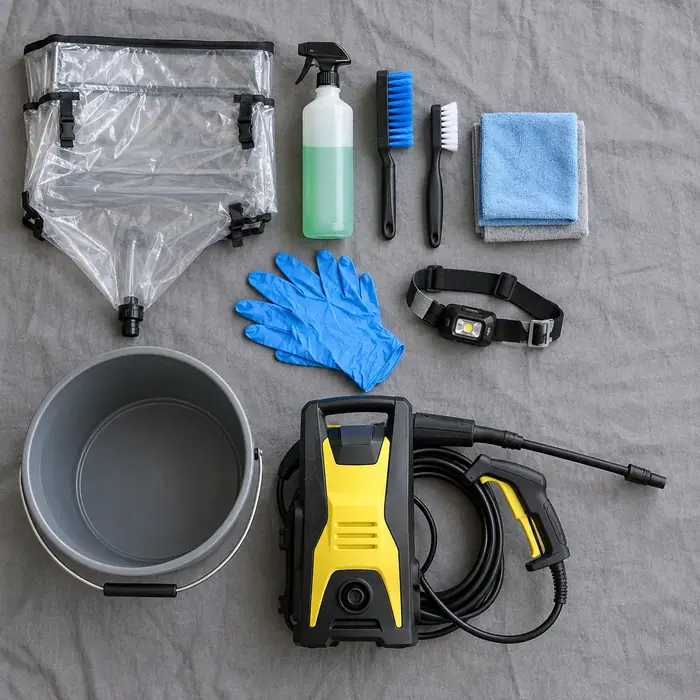 Lucrare la domiciliu: kit de curatare pe masa: husa, pulverizator, perii, manusi, aparat de presiune