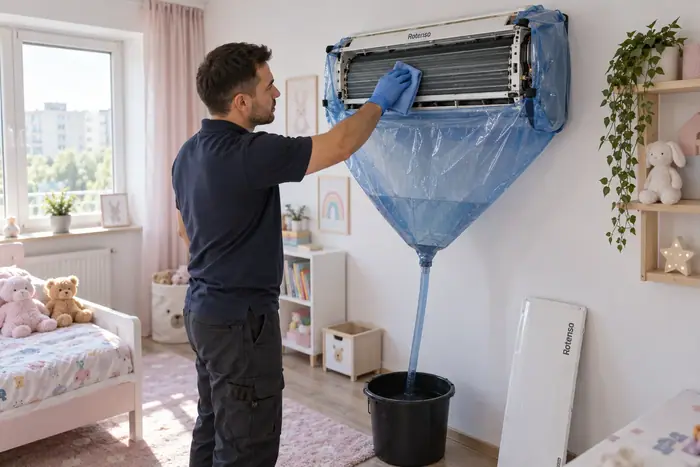 Curatare sub husa: tehnician cu husa albastra in camera de copil