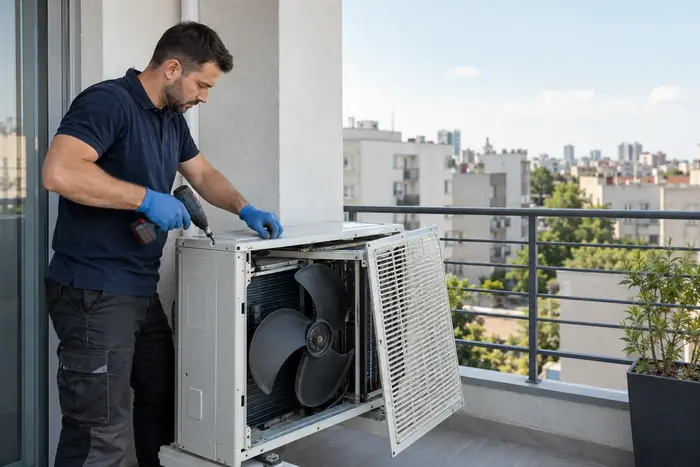 Unitatea exterioara: tehnician deschide capacul unitatii exterioare pe balcon