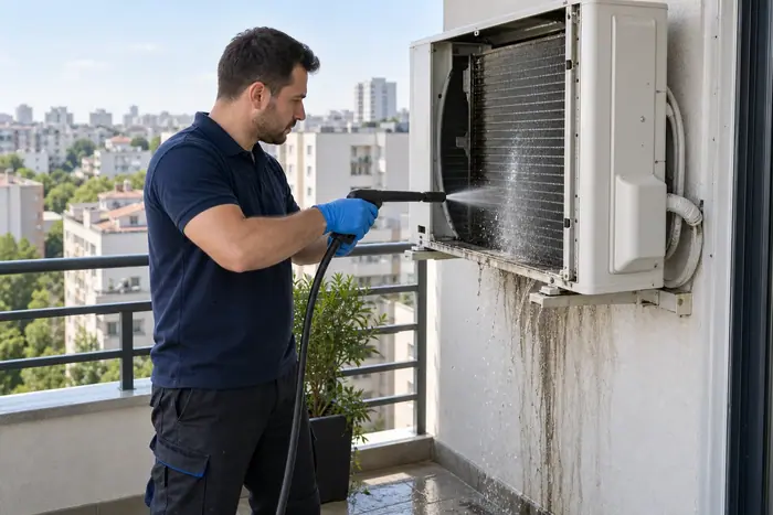 Curatare sub husa: tehnician spala unitatea exterioara pe balcon
