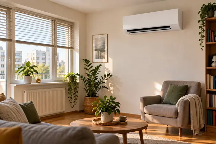 Aer conditionat in locuinta: living cu split si multe plante