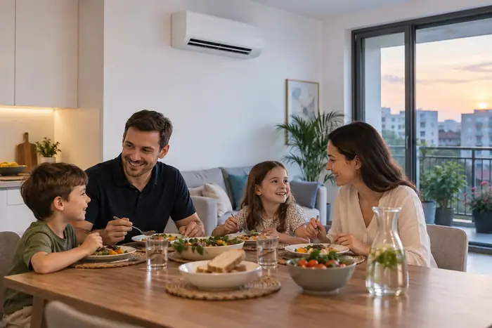 Aer conditionat in locuinta: familie la masa, split pe perete