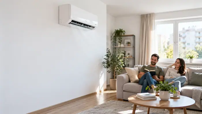 Aer conditionat in locuinta: cuplu pe canapea sub split