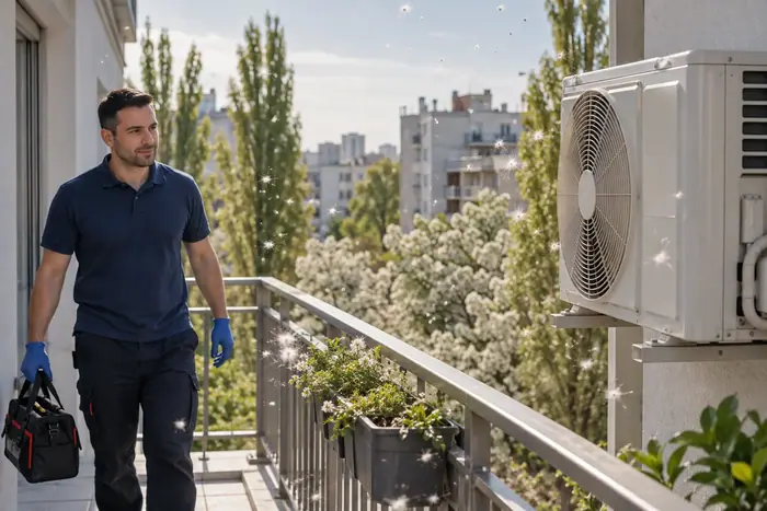 Unitatea exterioara: tehnician cu geanta pe balcon langa unitatea exterioara