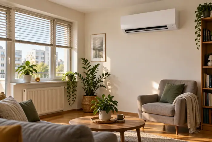 Aer conditionat in locuinta: living cu split si multe plante