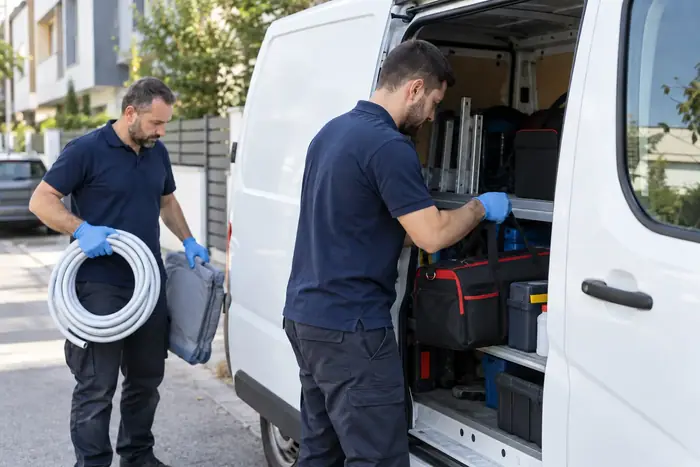 Lucrare la domiciliu: doi tehnicieni descarca teava si geanta din duba