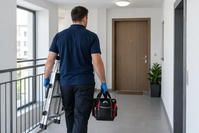 Lucrare la domiciliu: tehnician cu scara si geanta pe holul blocului, usa de apartament