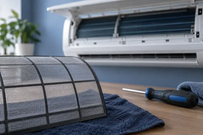 Revizie aparat: filtru in prim-plan si aparat complet in fundal