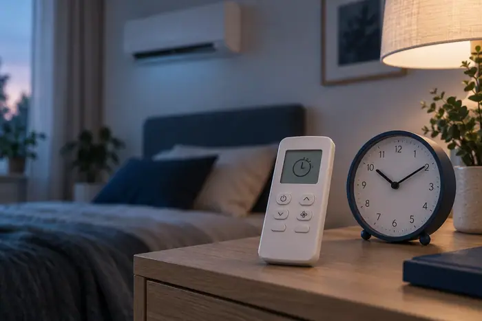 Aer conditionat in locuinta: telecomanda cu temporizator langa un ceas