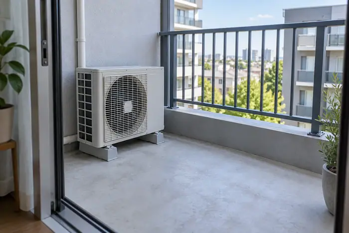 Revizie aparat: unitate exterioara pe balcon, cu acces vizibil dinspre usa