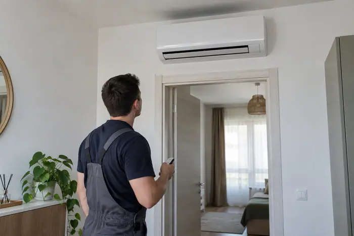 Lucrare la domiciliu: sosirea tehnicianului la client, in hol