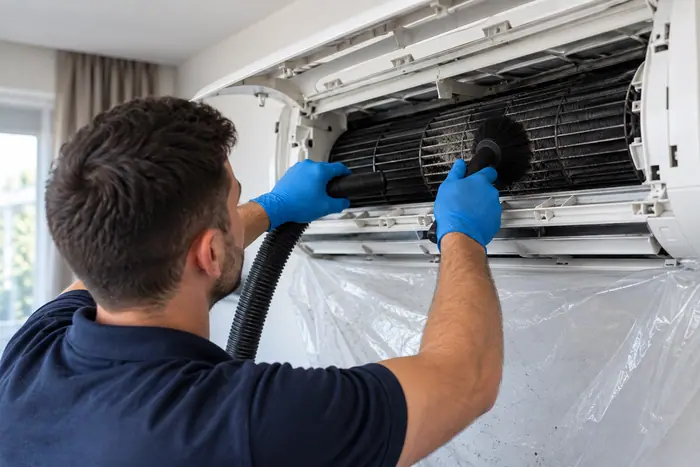 Curatare sub husa: tehnician curata turbina aparatului de aer conditionat