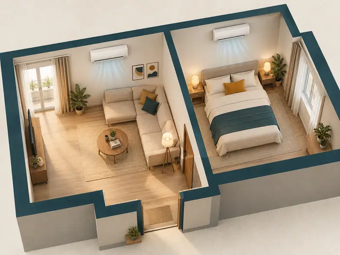 Aer conditionat in locuinta: sectiune printr-un apartament cu doua aparate de aer conditionat