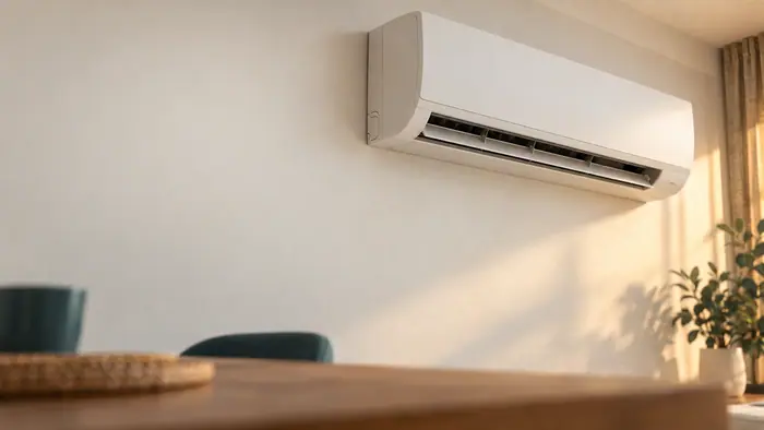 Aer conditionat in locuinta: aparat de perete curat, in lumina calda