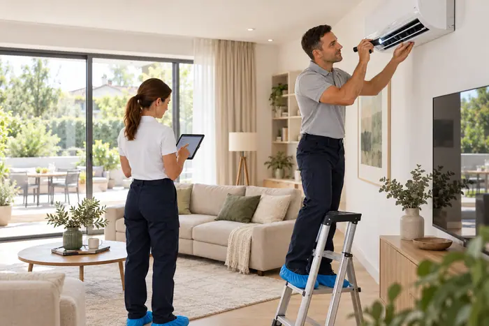 Revizie aparat: inspectie split AC in living luminos
