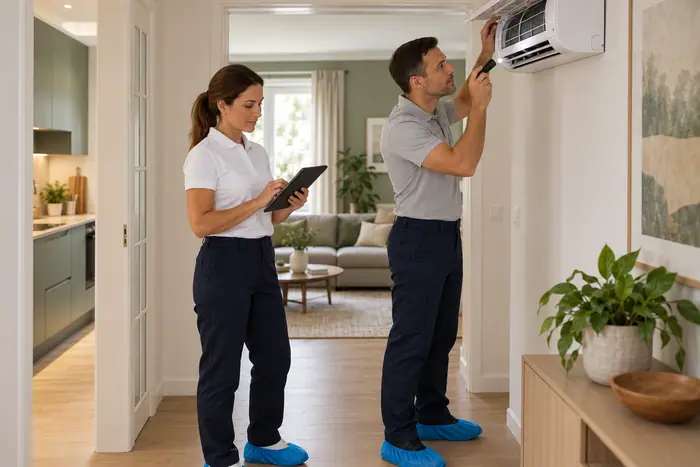 Revizie aparat: tehnicieni inspecteaza aerul conditionat