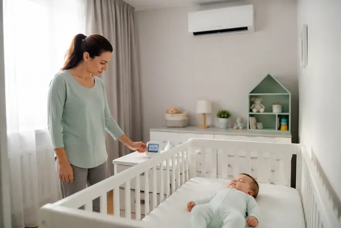 Revizie aparat: mama verifica aerul, bebelusul doarme linistit