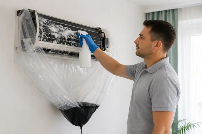 Igienizare aer conditionat: curatare cu spuma a unitatii AC