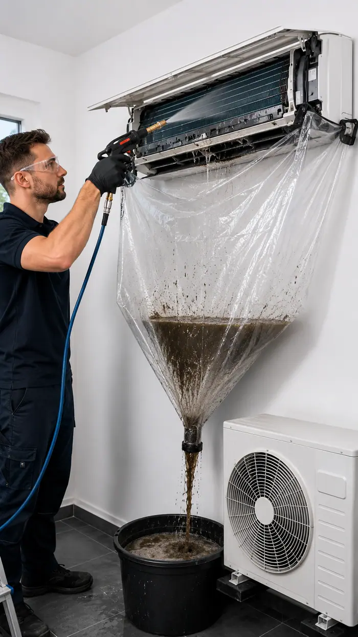 Curatare sub husa: curatare aer conditionat in desfasurare, sub husa