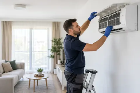 Tehnician deschide capacul unitatii interioare de aer conditionat