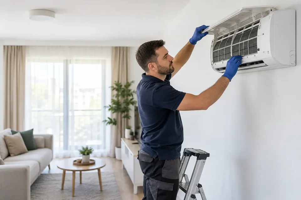 Tehnician deschide capacul unitatii interioare de aer conditionat
