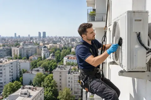 Curatarea unei unitati exterioare montate pe fatada blocului