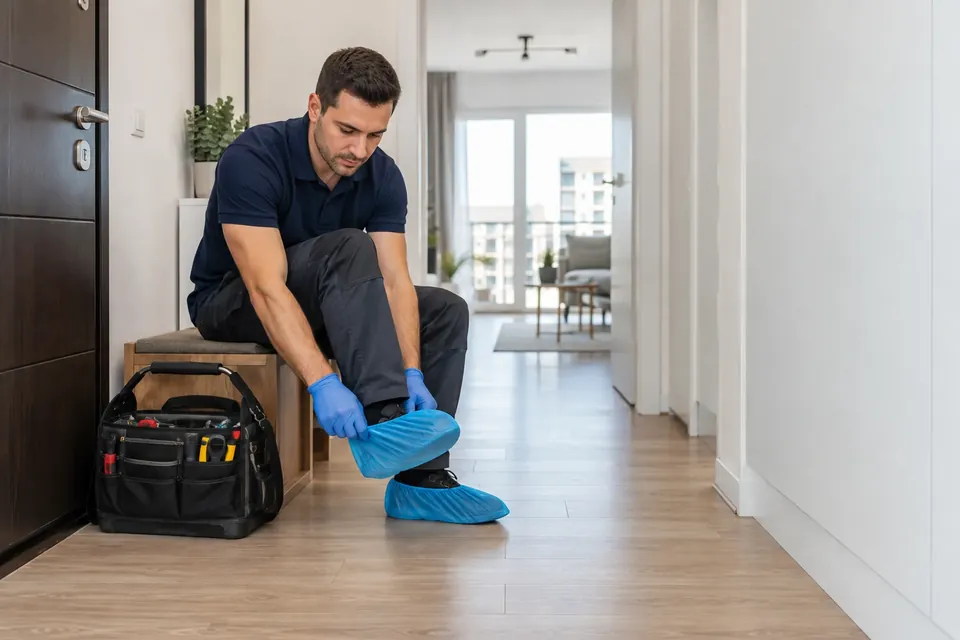 Tehnicianul isi pune protectii de incaltaminte la intrarea in apartament